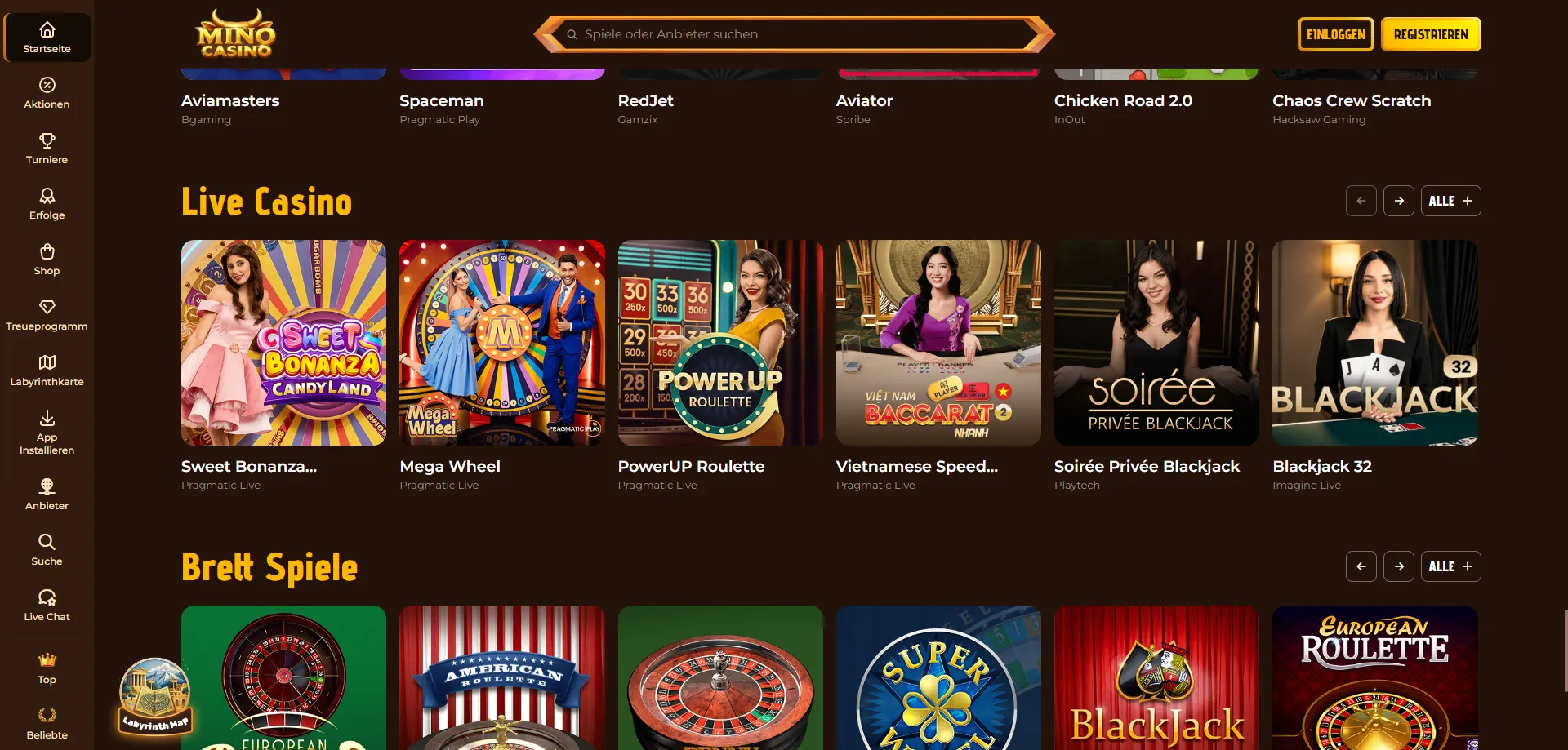 Live casino Mino Casino — dealer in diretta con Evolution e Playtech